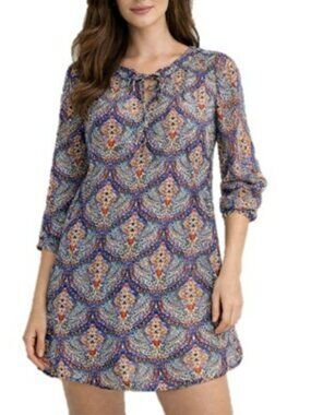 Bobeau Women's Sheer Mini Dress Size Medium Colorful Coverup Resortwear Beach